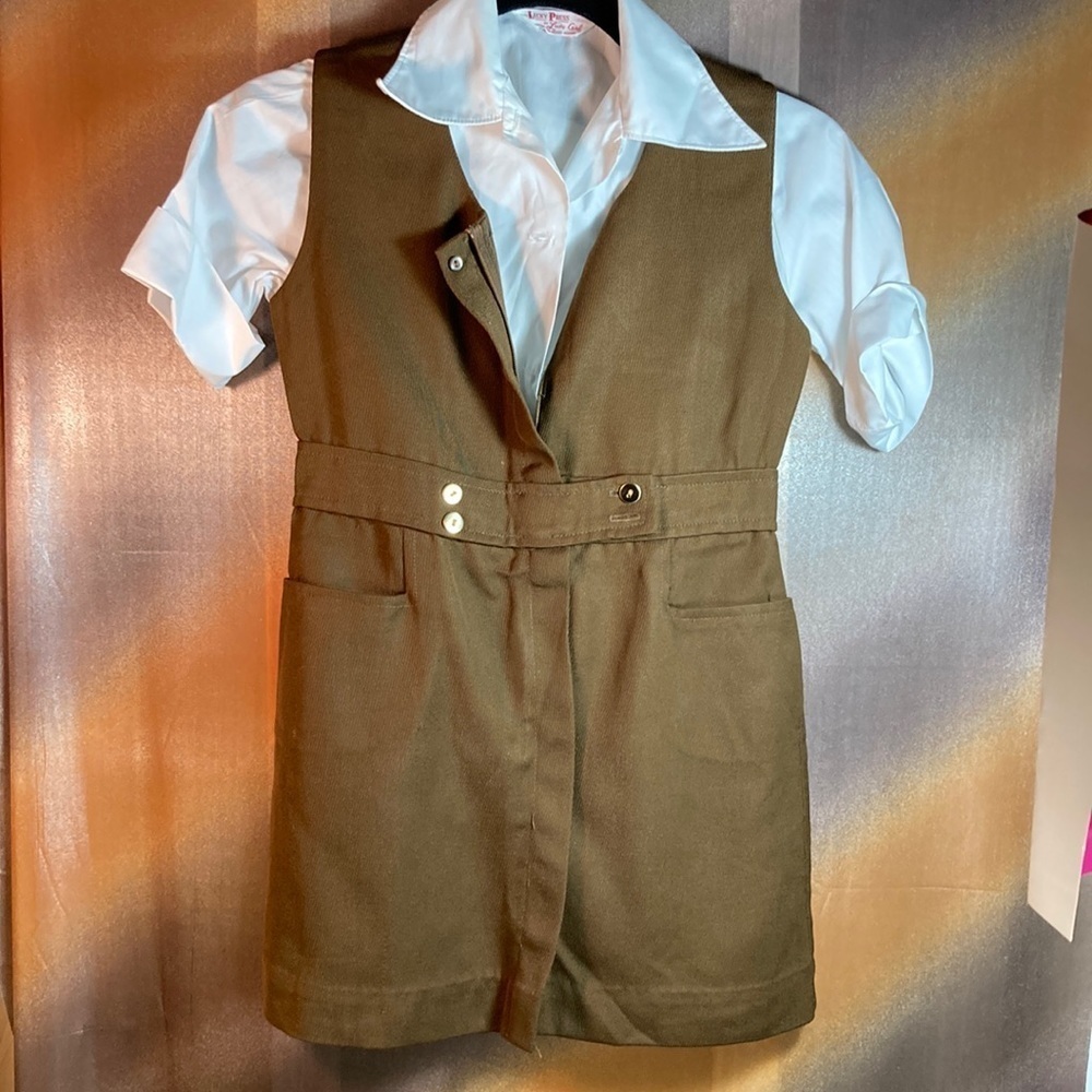 Vintage brown dress w/ white blouse. size‎ small 30” chest. 27” length. 120
